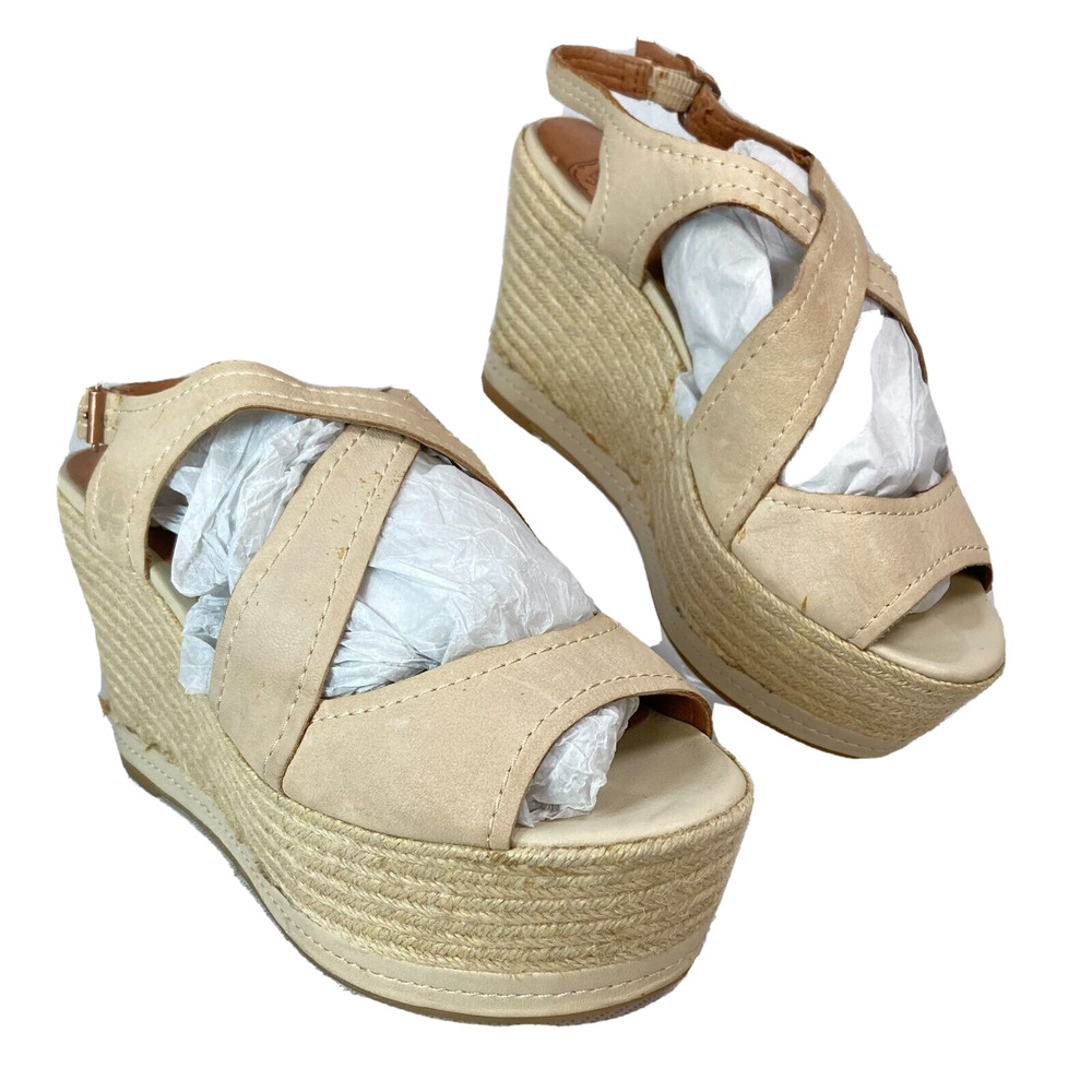 Lucky Brand Sandals Womens Sz 8.5 Beige Nude Leather Platform Wedge Espadrille‎